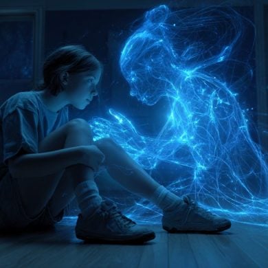 This shows a digital body reaching for a teen.