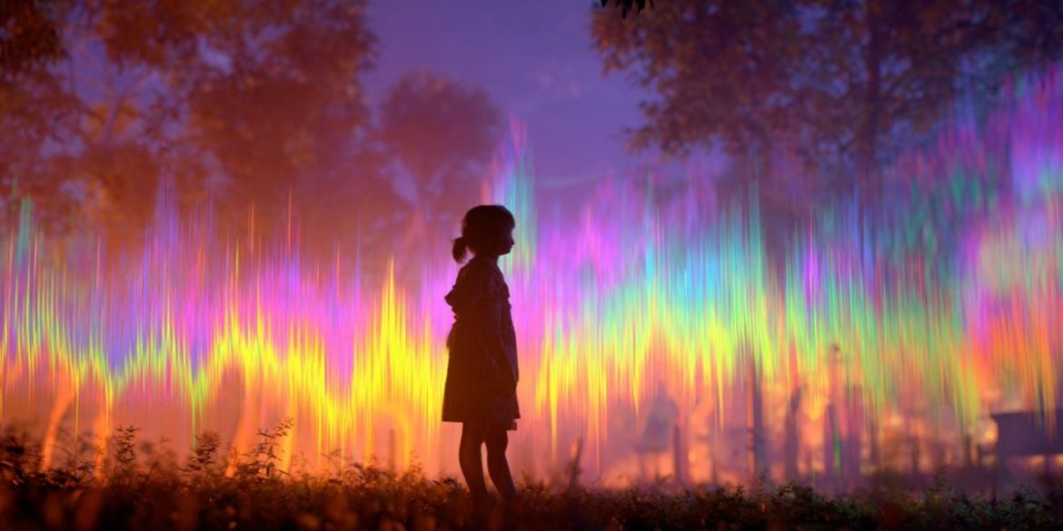 This shows a child in woodlands and sound waves.