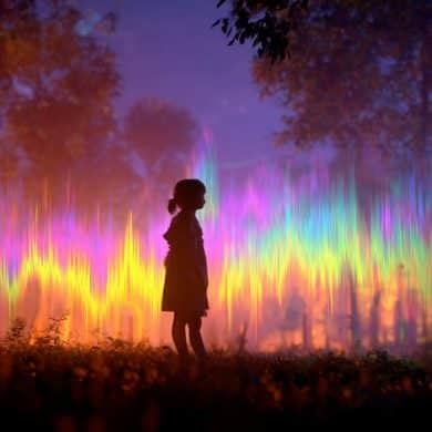 This shows a child in woodlands and sound waves.