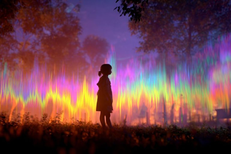 This shows a child in woodlands and sound waves.