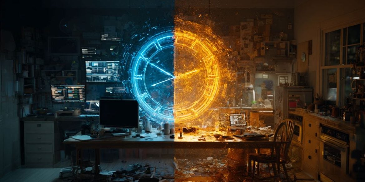 This shows a split screen of an office, a kitchen, and a clock.