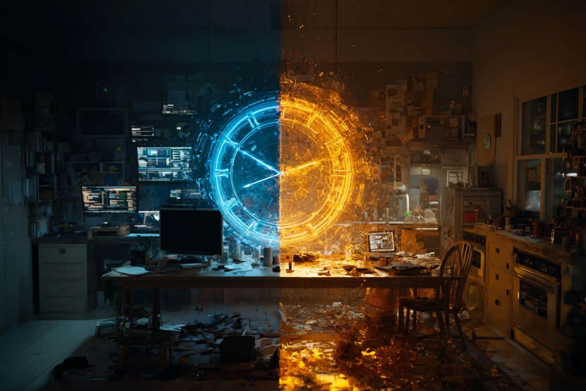 This shows a split screen of an office, a kitchen, and a clock.