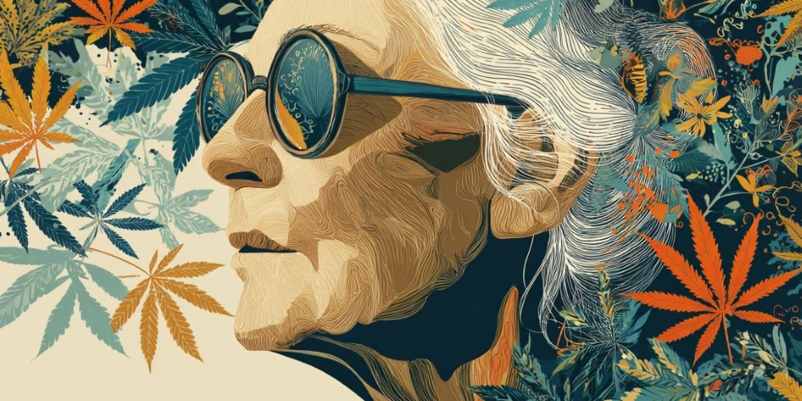 This shows an older woman surrounded by leaves.
