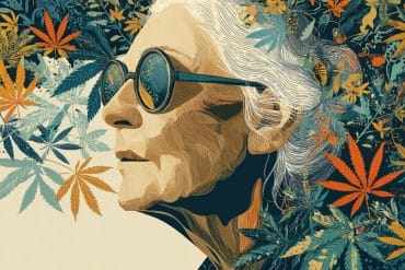 This shows an older woman surrounded by leaves.