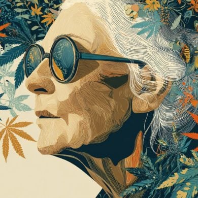 This shows an older woman surrounded by leaves.