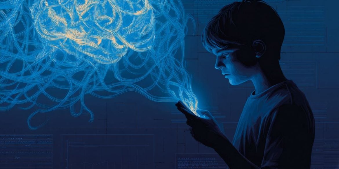 This shows a child on their phone and a brain.