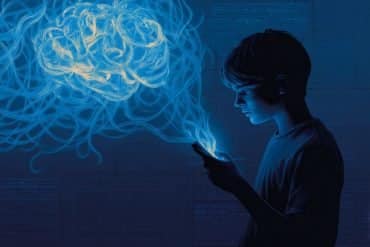This shows a child on their phone and a brain.