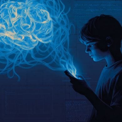 This shows a child on their phone and a brain.
