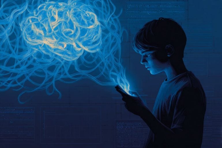 This shows a child on their phone and a brain.