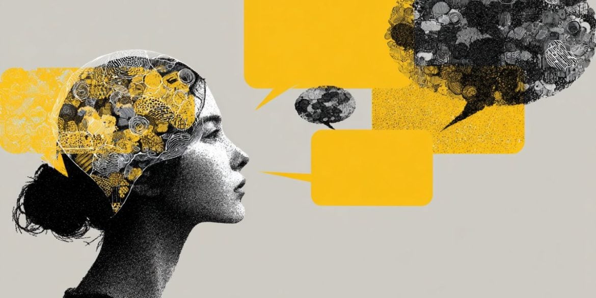This shows a person, a digital brain and speech bubbles.