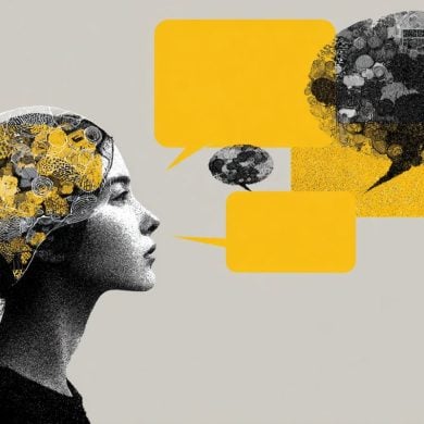 This shows a person, a digital brain and speech bubbles.