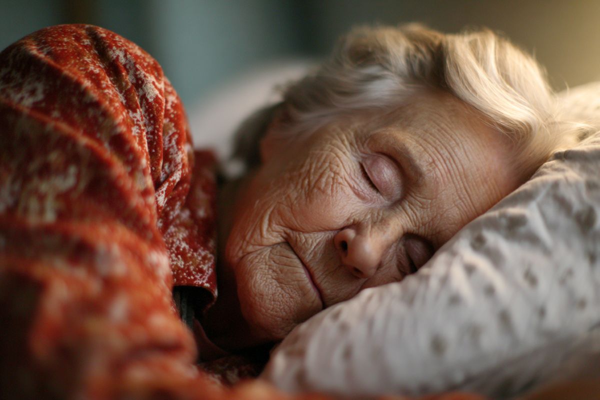 This shows a sleeping older woman.