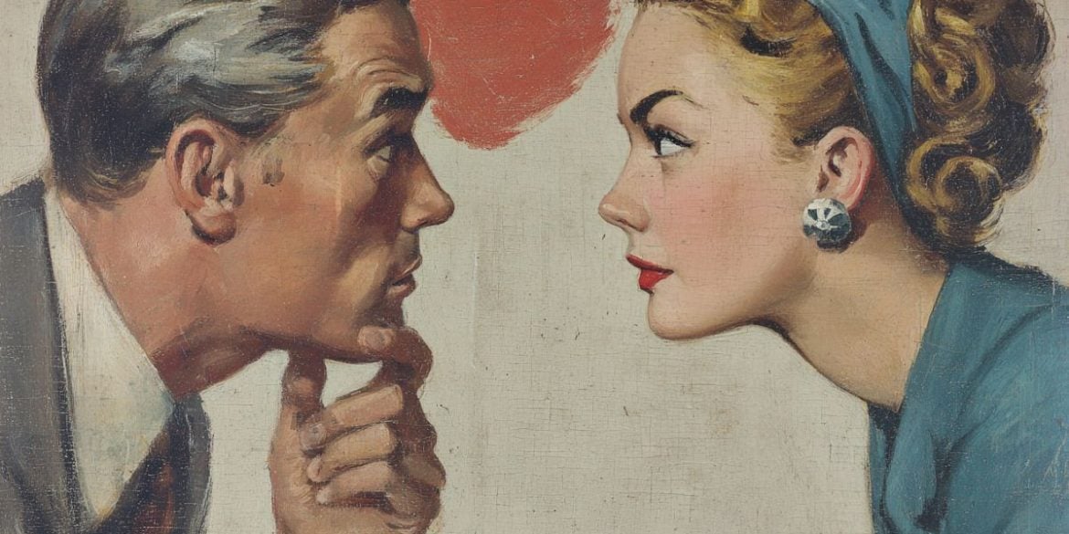 This shows a man and a disinterested woman and a heart.