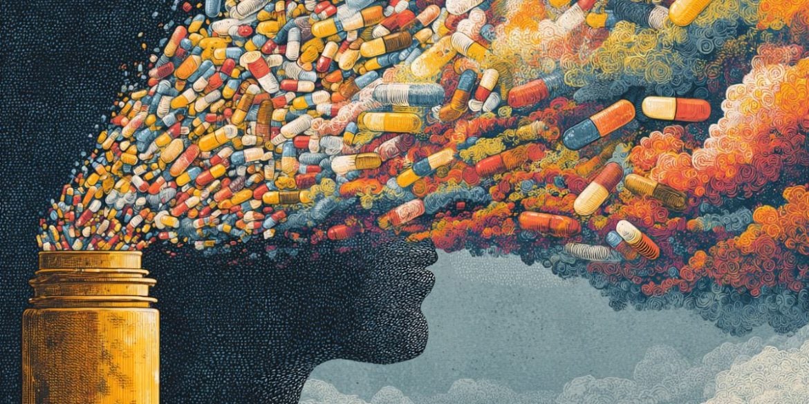 This shows pills flying out of a bottle and a head.