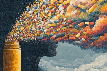 This shows pills flying out of a bottle and a head.
