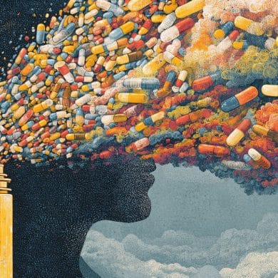This shows pills flying out of a bottle and a head.