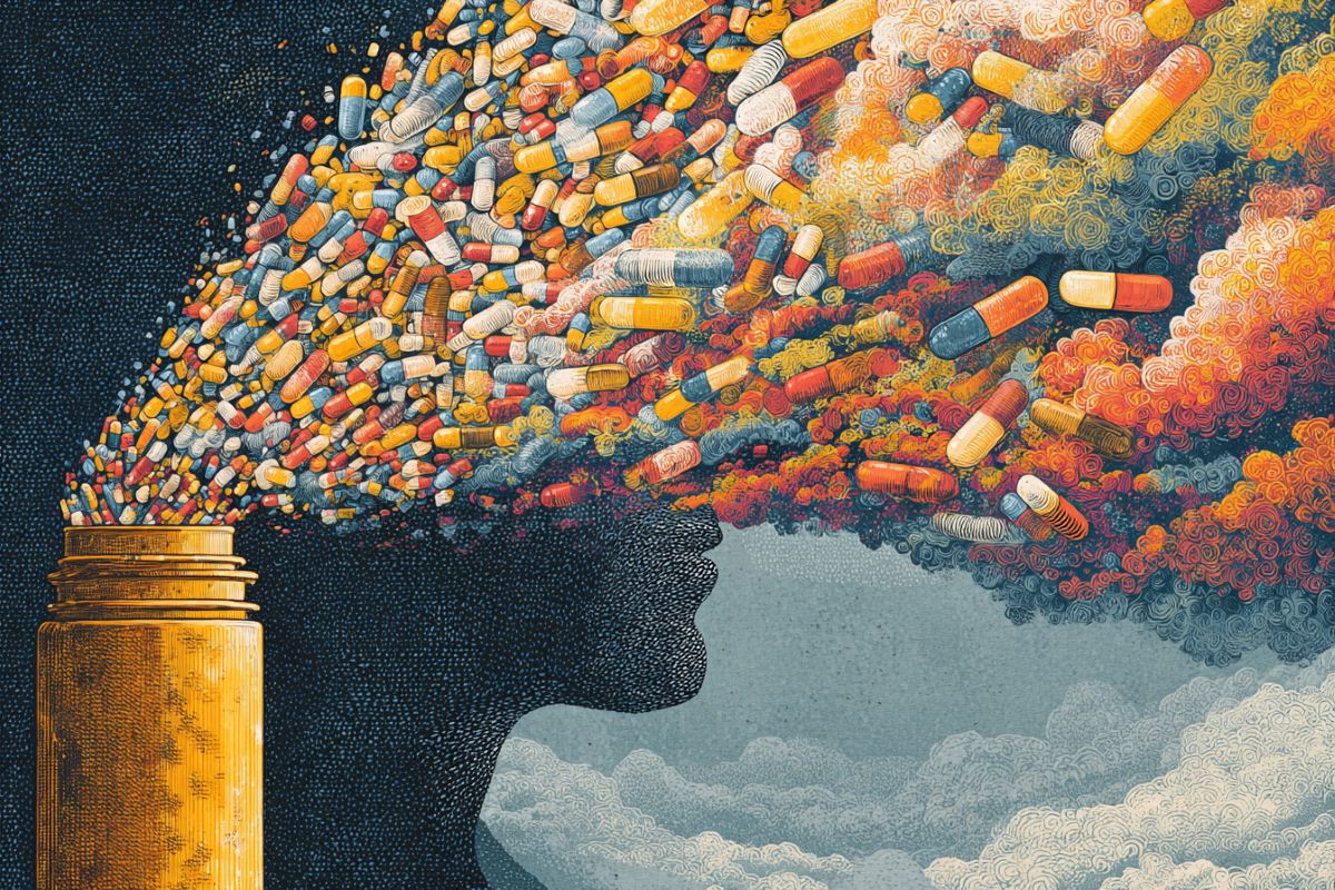 This shows pills flying out of a bottle and a head.