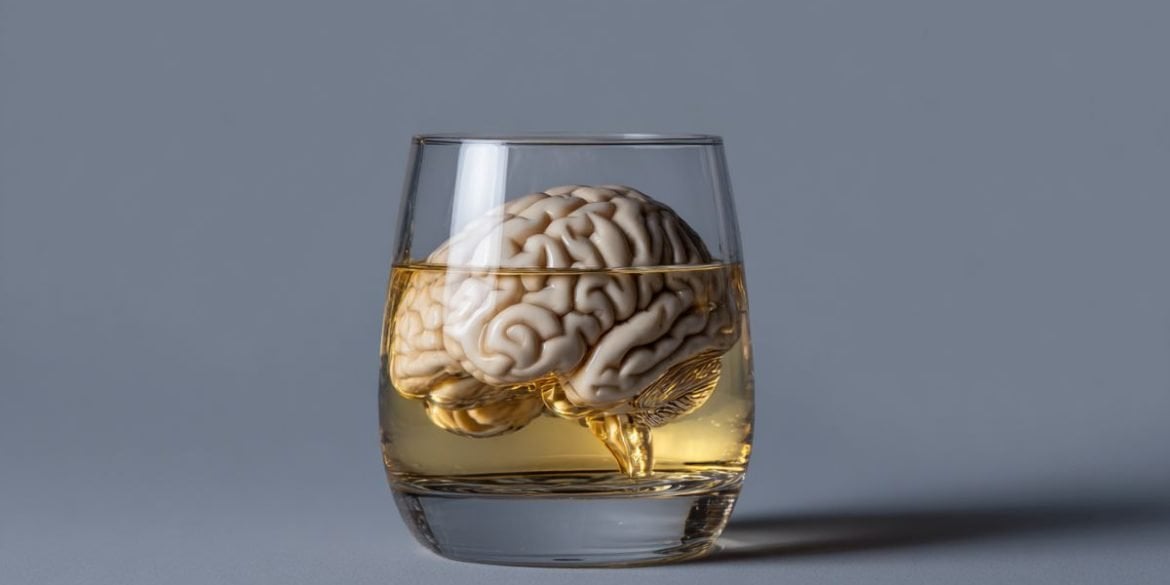This shows a brain in a scotch glass.