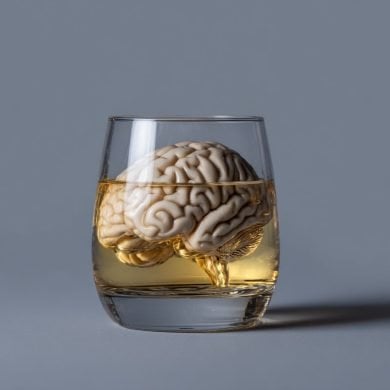 This shows a brain in a scotch glass.