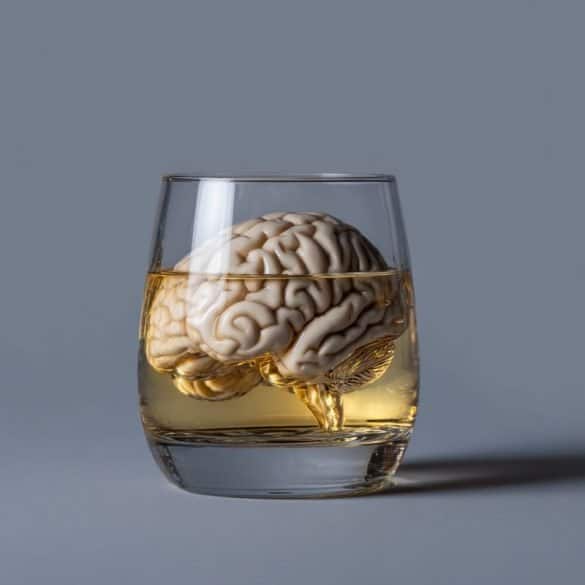 This shows a brain in a scotch glass.