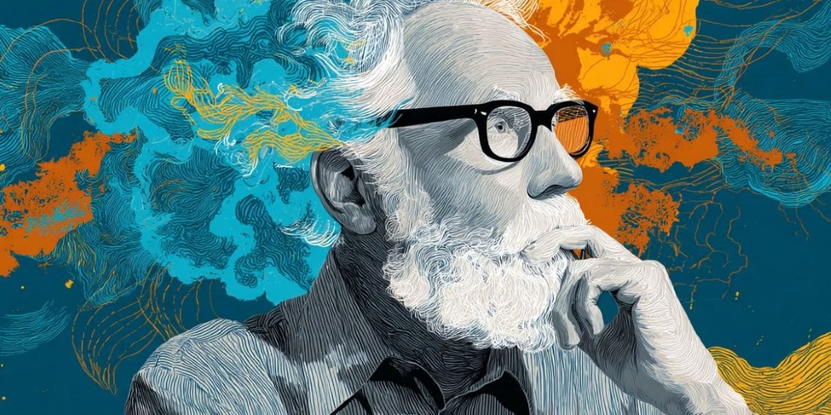 This shows an older man with his head surrounded by clouds.