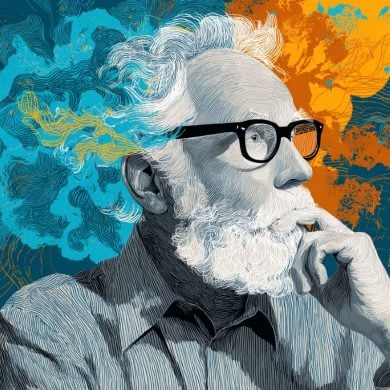 This shows an older man with his head surrounded by clouds.