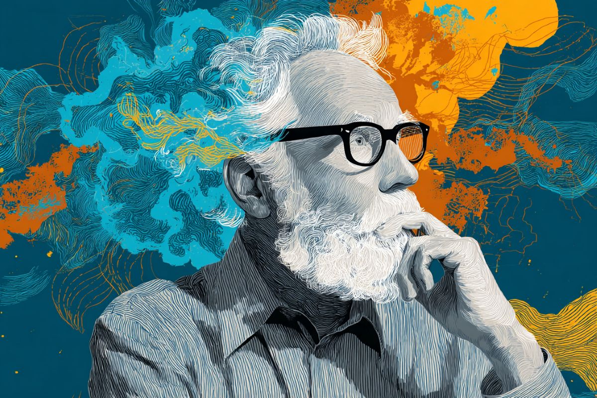 This shows an older man with his head surrounded by clouds.