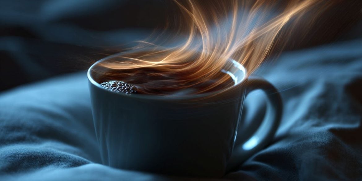 This shows a cup of coffee on a bed.
