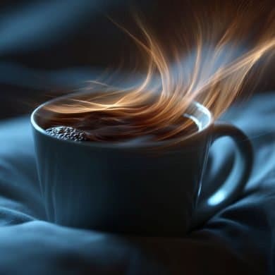 This shows a cup of coffee on a bed.