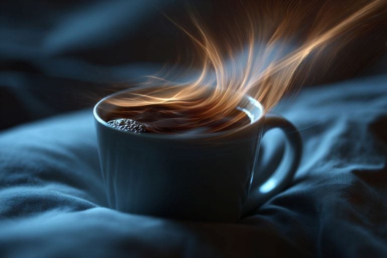 This shows a cup of coffee on a bed.