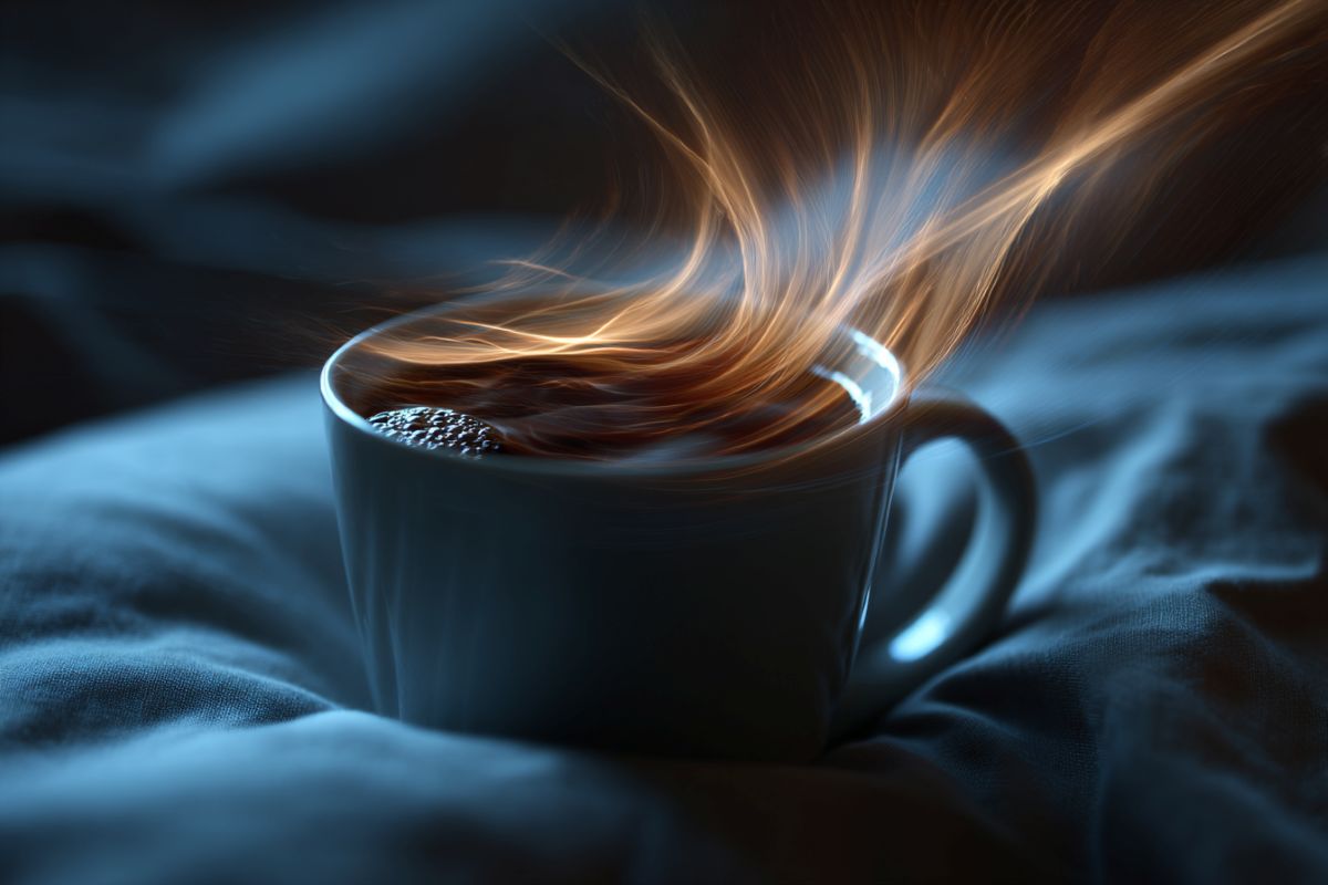 This shows a cup of coffee on a bed.