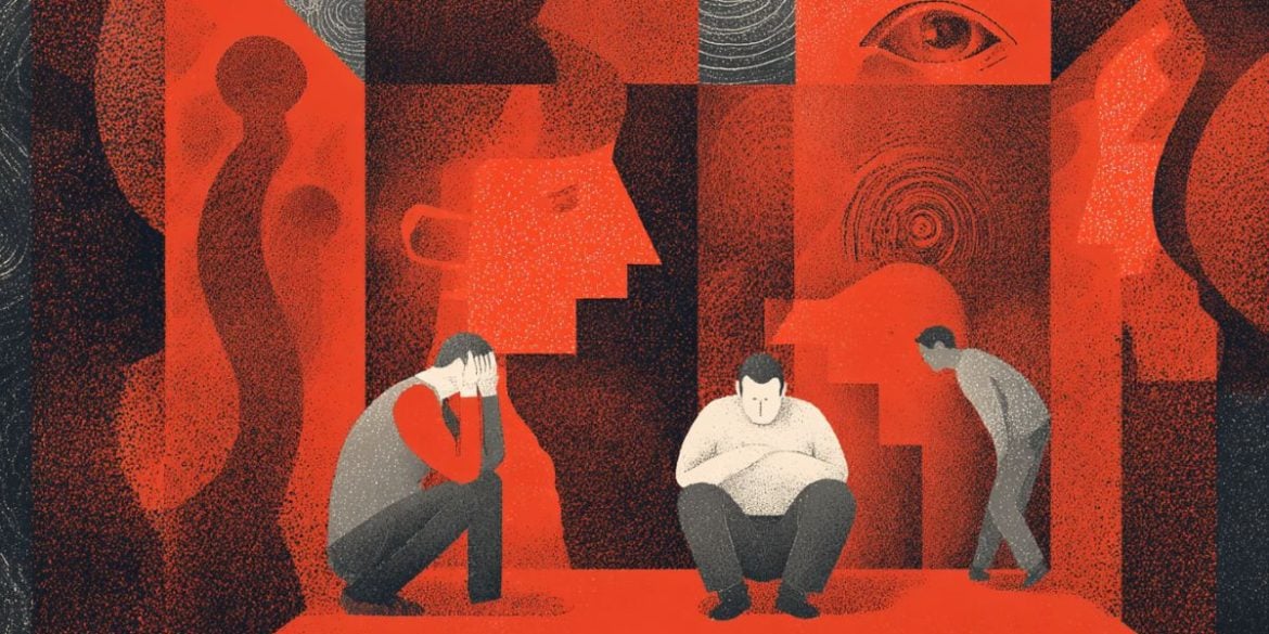 This shows people in a confined space with angry faces around them.