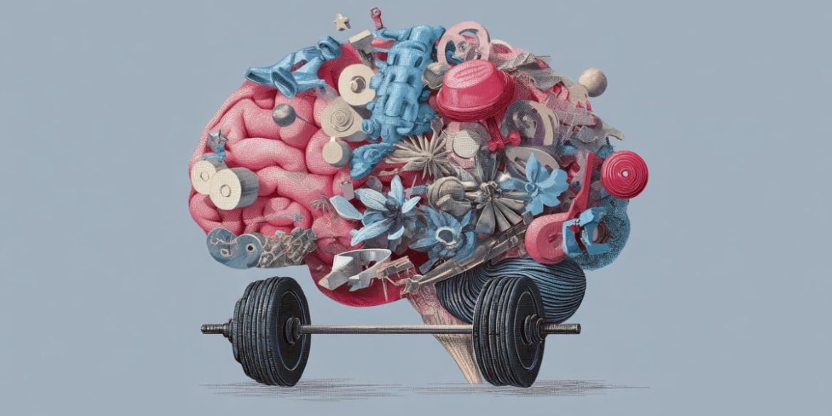 This shows a brain and bar bells.