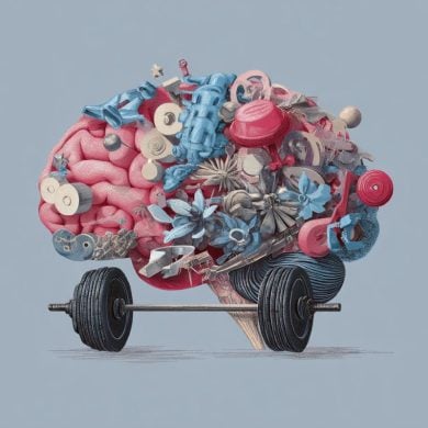 This shows a brain and bar bells.