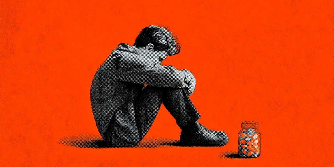 This shows a depressed person and a pill bottle.