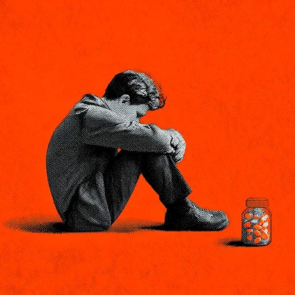 This shows a depressed person and a pill bottle.