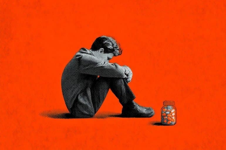 This shows a depressed person and a pill bottle.