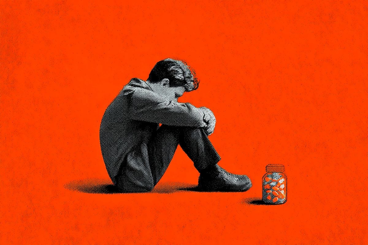 This shows a depressed person and a pill bottle.