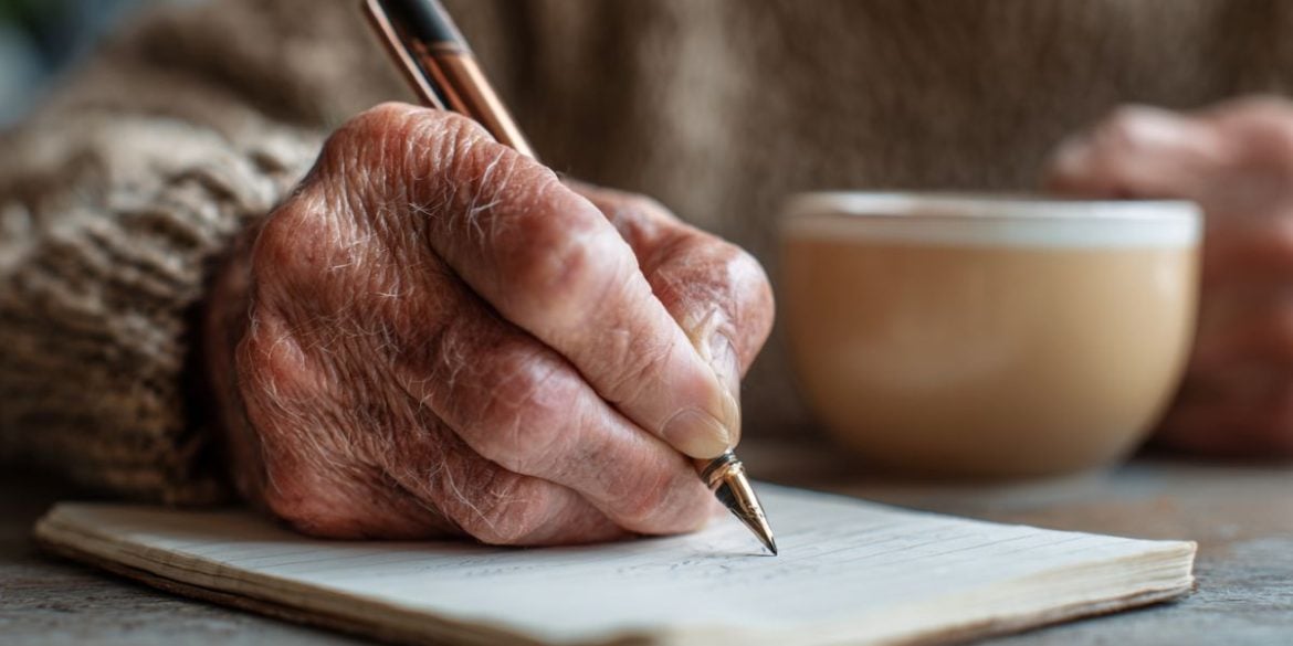 This shows an older person writing.