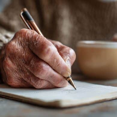 This shows an older person writing.