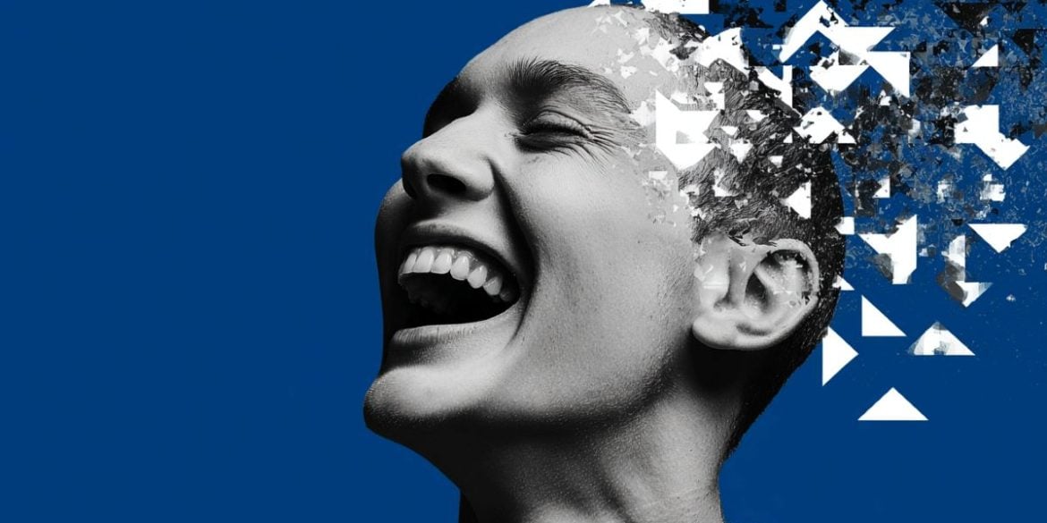 This shows a person laughing.
