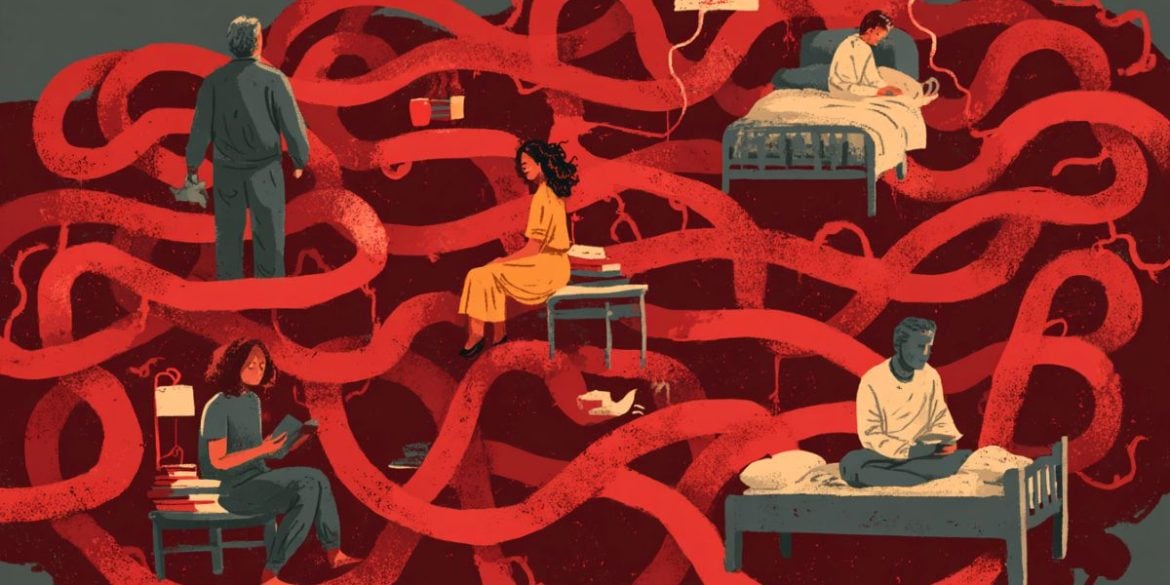 This shows people laying down and sitting down while a red line loops around them.