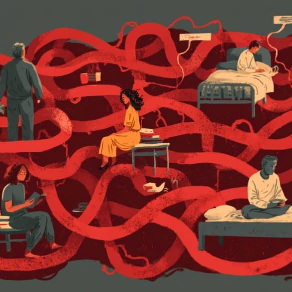 This shows people laying down and sitting down while a red line loops around them.
