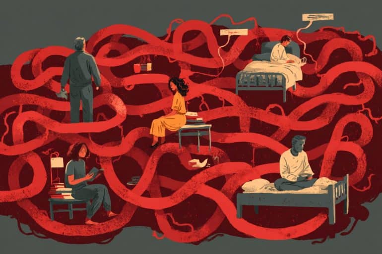This shows people laying down and sitting down while a red line loops around them.