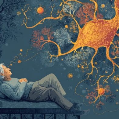 This shows an older woman sleeping and microglia.