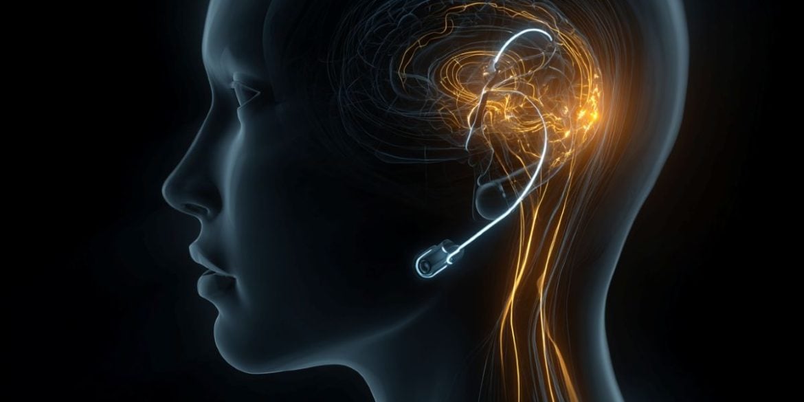 This shows a head with the brain highlighted in golden shades and the implant.