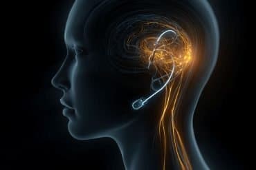 This shows a head with the brain highlighted in golden shades and the implant.