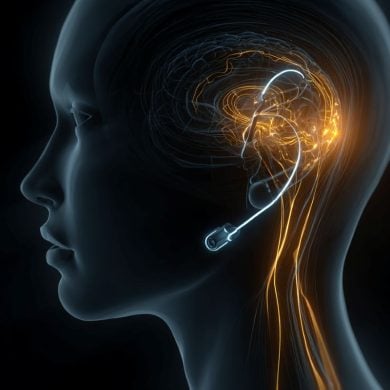 This shows a head with the brain highlighted in golden shades and the implant.