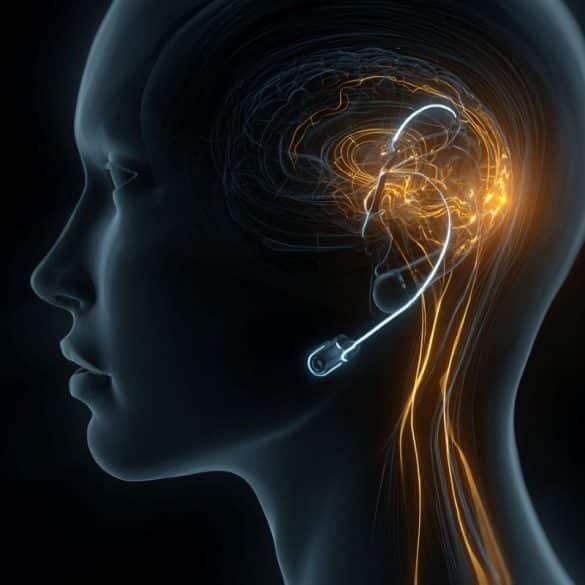 This shows a head with the brain highlighted in golden shades and the implant.