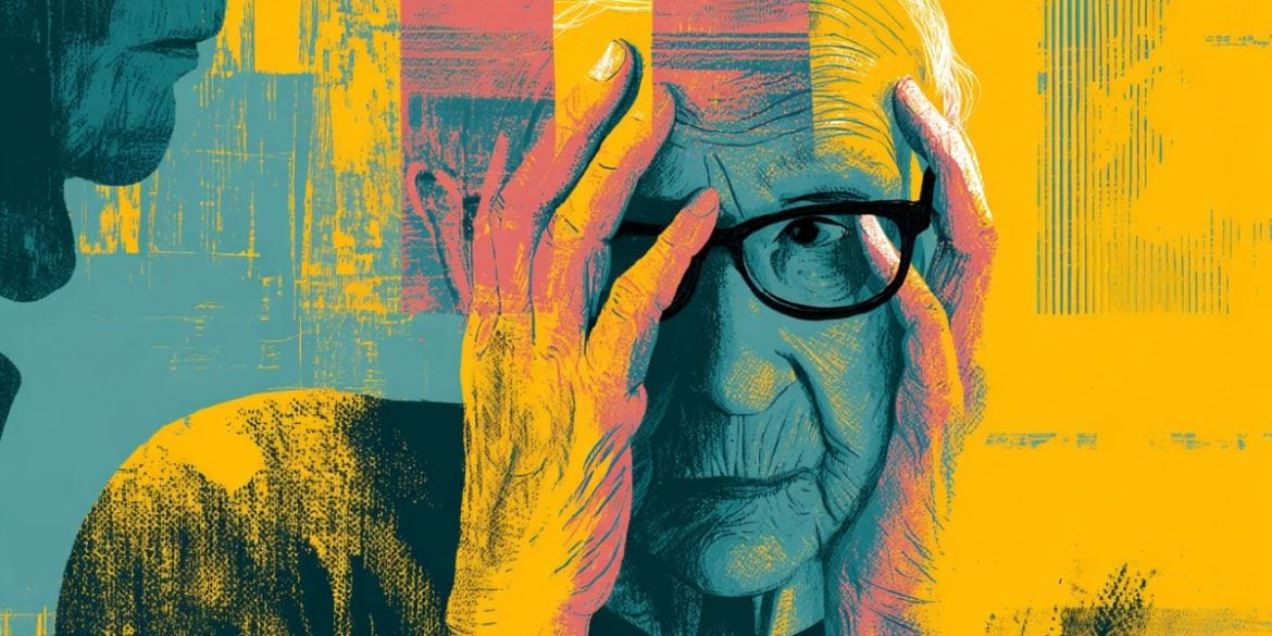This shows an older person holding their head in their hands.